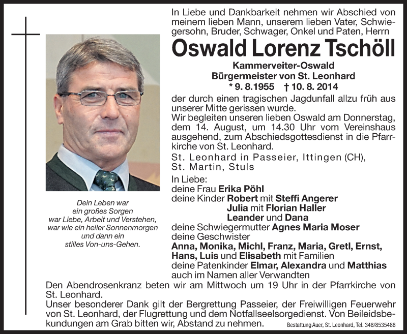  Traueranzeige für Oswald Tschöll vom 13.08.2014 aus Dolomiten