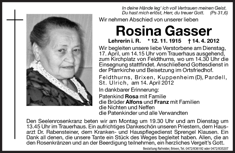  Traueranzeige für Rosina Gasser vom 16.04.2012 aus Dolomiten