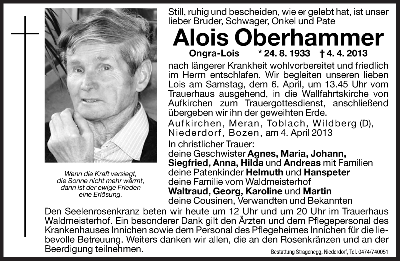  Traueranzeige für Alois Oberhammer vom 05.04.2013 aus Dolomiten