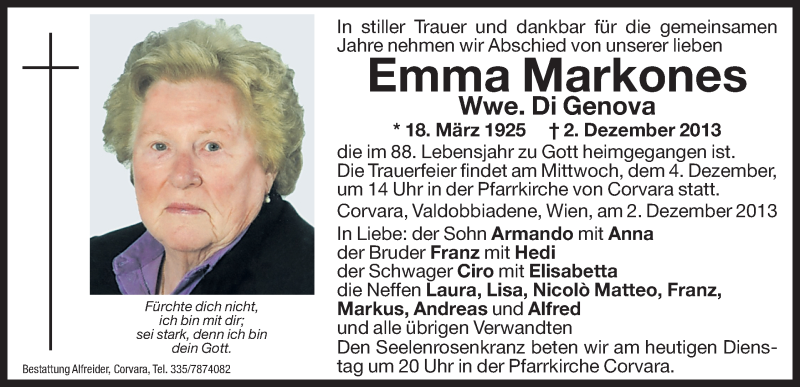  Traueranzeige für Emma Di Genova vom 03.12.2013 aus Dolomiten