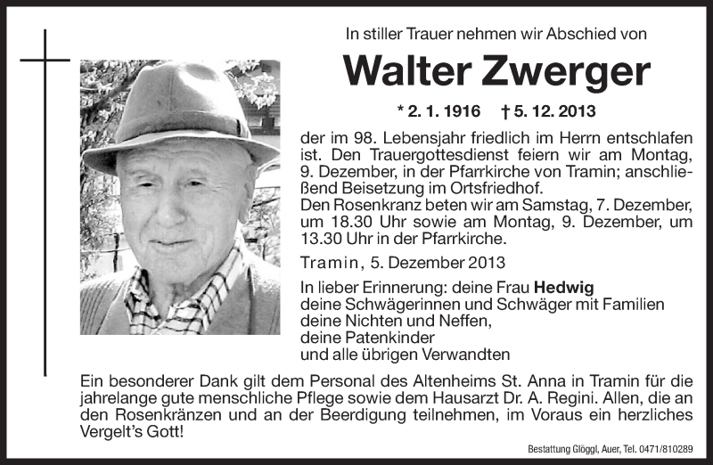  Traueranzeige für Walter Zwerger vom 07.12.2013 aus Dolomiten