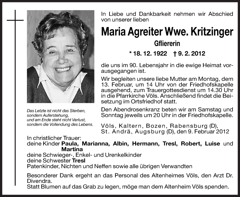  Traueranzeige für Maria Kritzinger vom 11.02.2012 aus Dolomiten