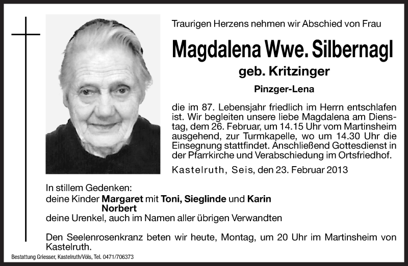  Traueranzeige für Magdalena Silbernagl vom 25.02.2013 aus Dolomiten