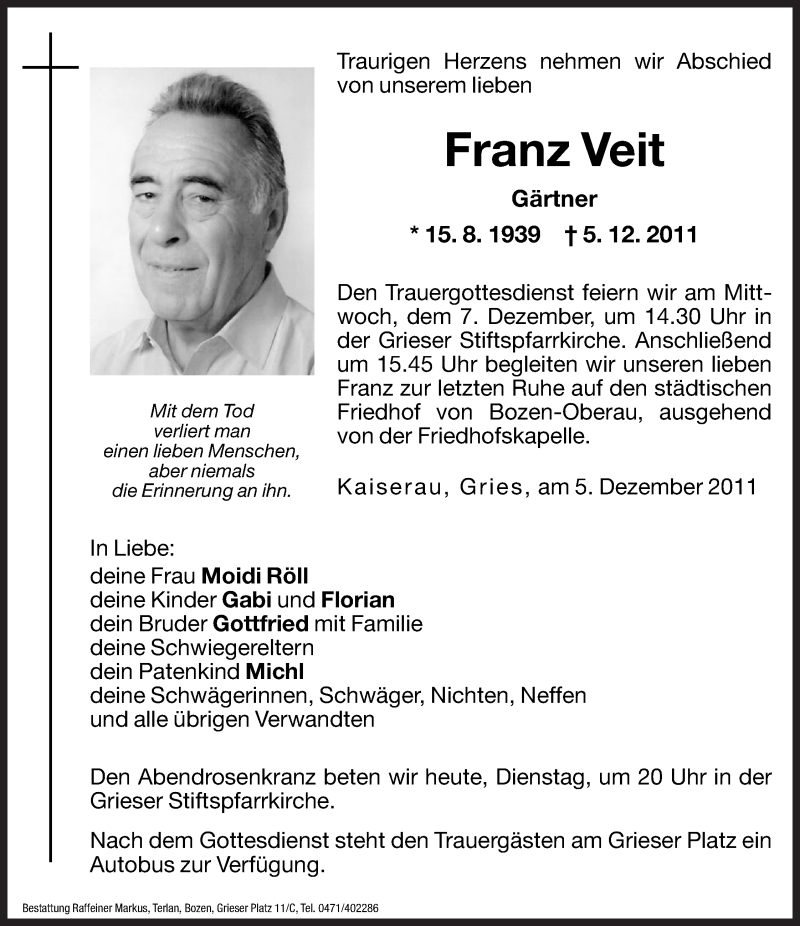  Traueranzeige für Franz Veit vom 06.12.2011 aus Dolomiten