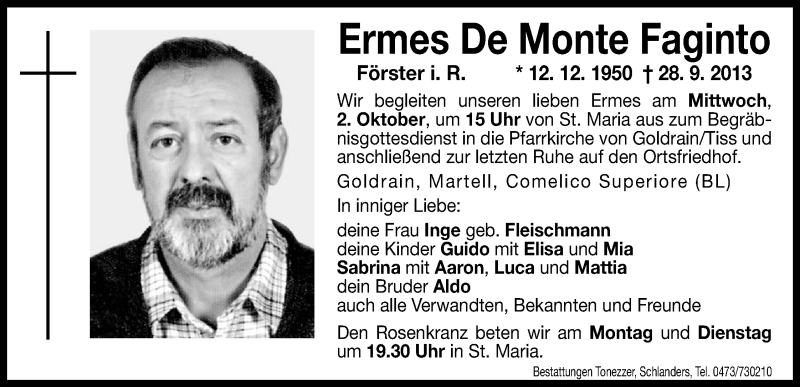  Traueranzeige für Ermes De Monte Faginto vom 30.09.2013 aus Dolomiten