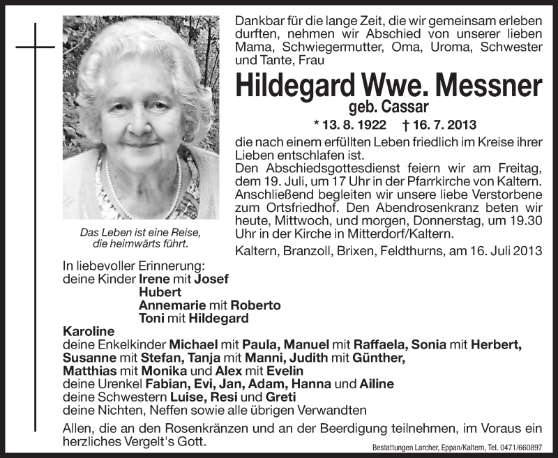  Traueranzeige für Hildegard Messner vom 17.07.2013 aus Dolomiten