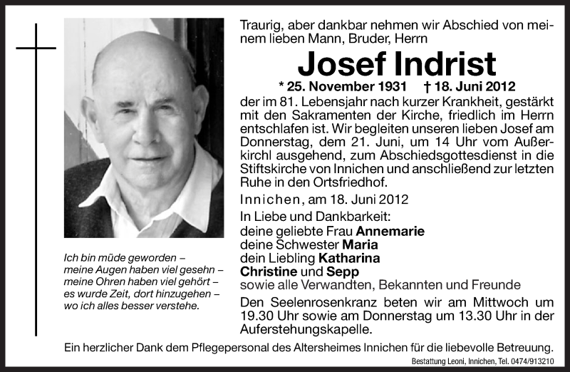  Traueranzeige für Josef Indrist vom 20.06.2012 aus Dolomiten