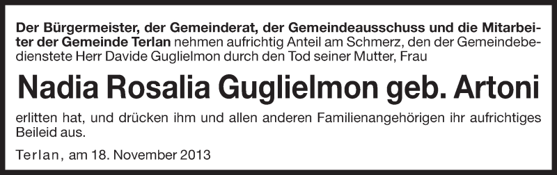  Traueranzeige für Nadia Rosalia Guglielmon vom 19.11.2013 aus Dolomiten