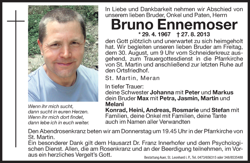  Traueranzeige für Bruno Ennemoser vom 29.08.2013 aus Dolomiten