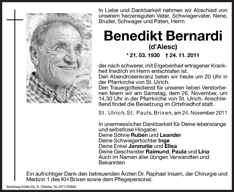  Traueranzeige für Benedikt Bernardi vom 25.11.2011 aus Dolomiten