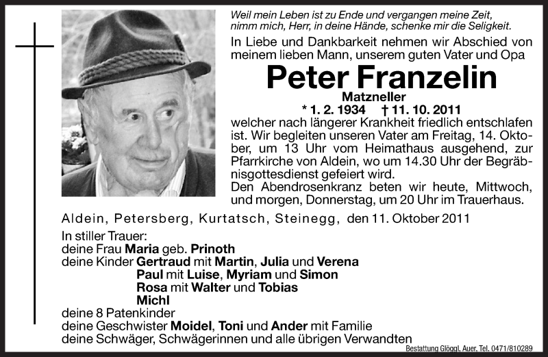  Traueranzeige für Peter Franzelin vom 12.10.2011 aus Dolomiten