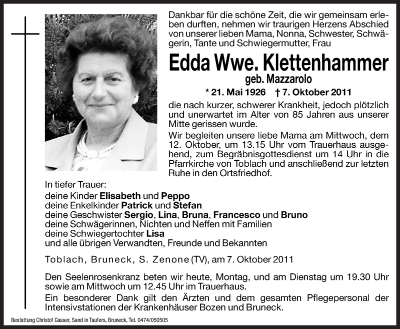  Traueranzeige für Edda Klettenhammer vom 10.10.2011 aus Dolomiten