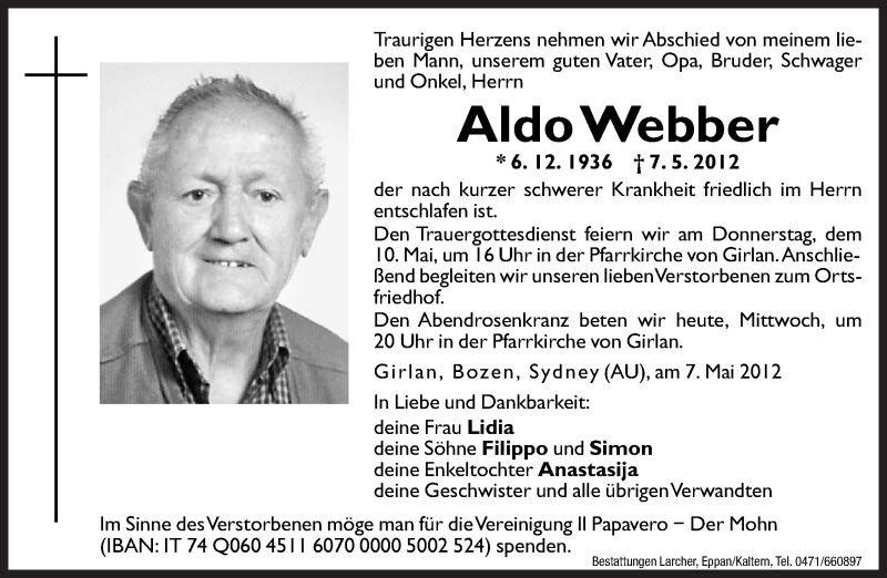  Traueranzeige für Aldo Webber vom 09.05.2012 aus Dolomiten