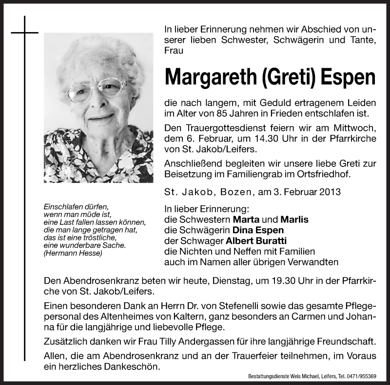  Traueranzeige für Margareth Espen vom 05.02.2013 aus Dolomiten