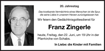 Traueranzeige von Franz Zingerle von Dolomiten