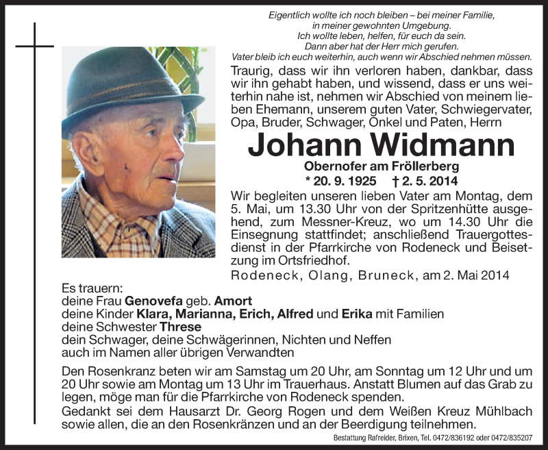  Traueranzeige für Johann Widmann vom 03.05.2014 aus Dolomiten