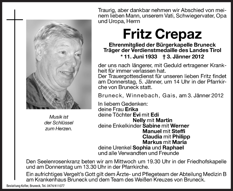  Traueranzeige für Fritz Crepaz vom 04.01.2012 aus Dolomiten