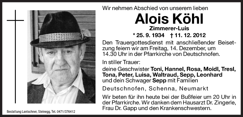  Traueranzeige für Alois Köhl vom 13.12.2012 aus Dolomiten