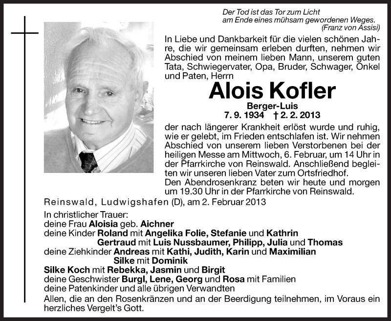  Traueranzeige für Alois Kofler vom 04.02.2013 aus Dolomiten