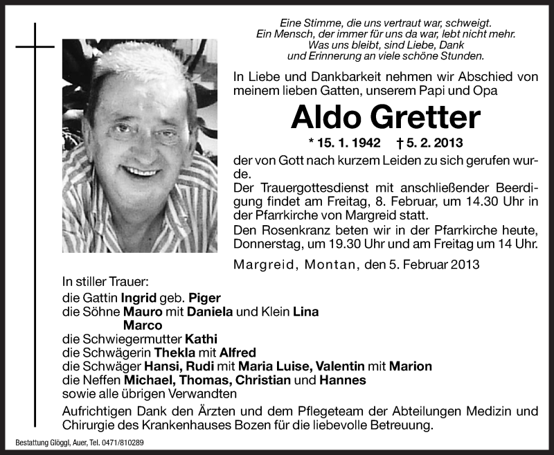  Traueranzeige für Aldo Gretter vom 07.02.2013 aus Dolomiten