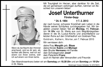 Traueranzeige von Josef Unterthurner von Dolomiten