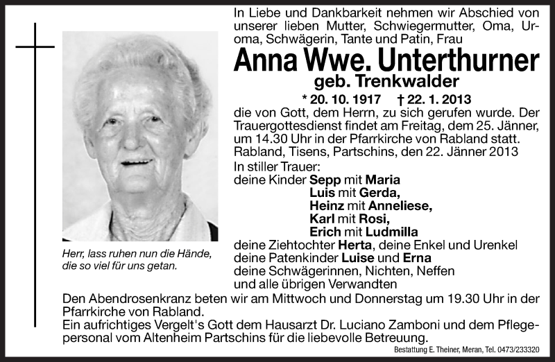  Traueranzeige für Anna Unterthurner vom 23.01.2013 aus Dolomiten