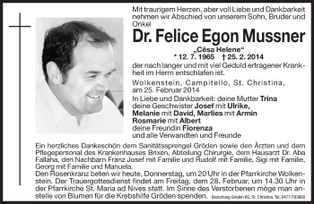 Traueranzeige von Felice Egon Mussner von Dolomiten