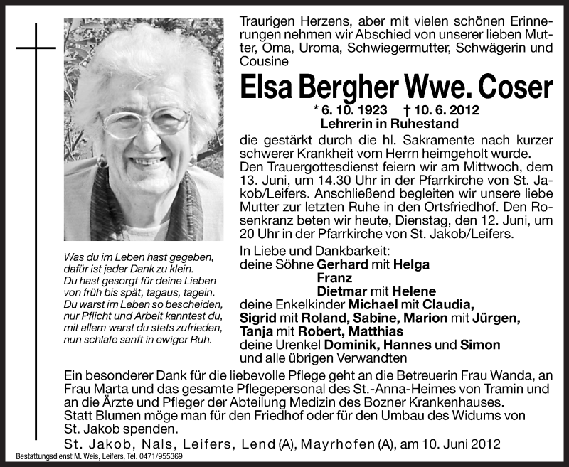  Traueranzeige für Elsa Coser vom 12.06.2012 aus Dolomiten