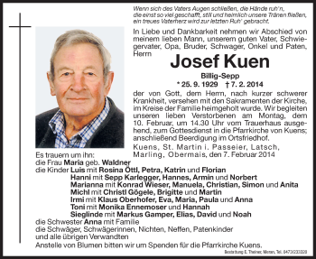 Traueranzeige von Josef Kuen von Dolomiten