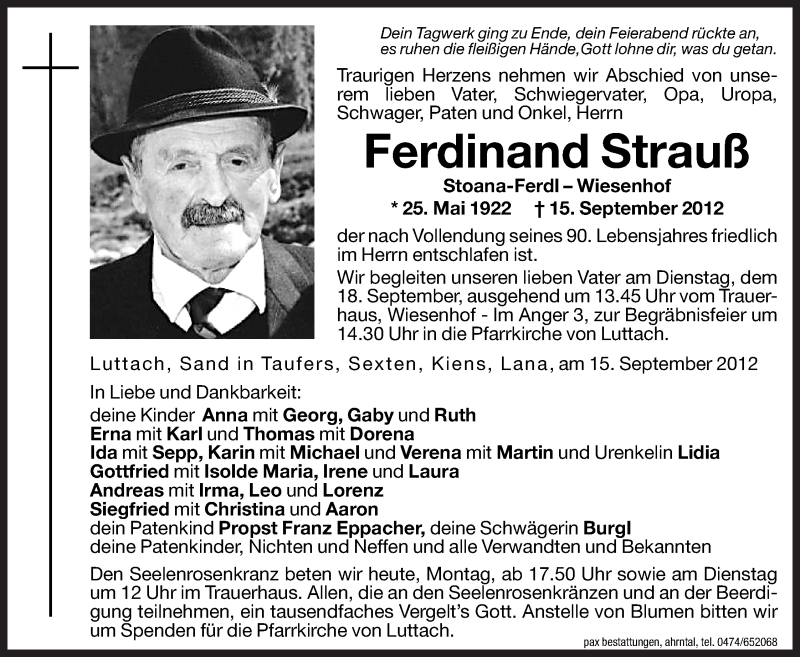  Traueranzeige für Ferdinand Strauß vom 17.09.2012 aus Dolomiten