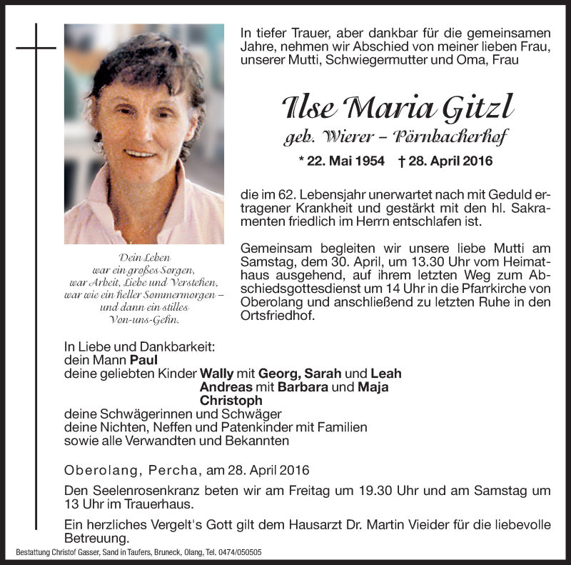  Traueranzeige für Ilse Maria Gitzl vom 29.04.2016 aus Dolomiten