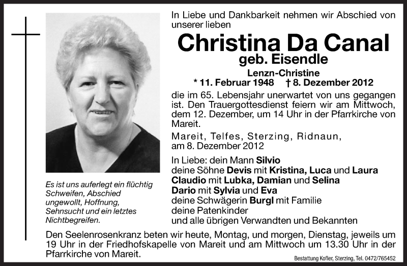  Traueranzeige für Christina Da Canal vom 10.12.2012 aus Dolomiten