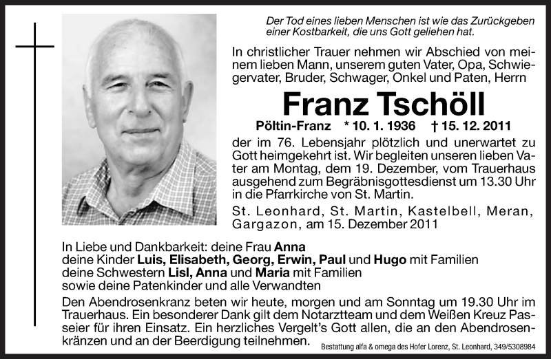  Traueranzeige für Franz Tschöll vom 16.12.2011 aus Dolomiten