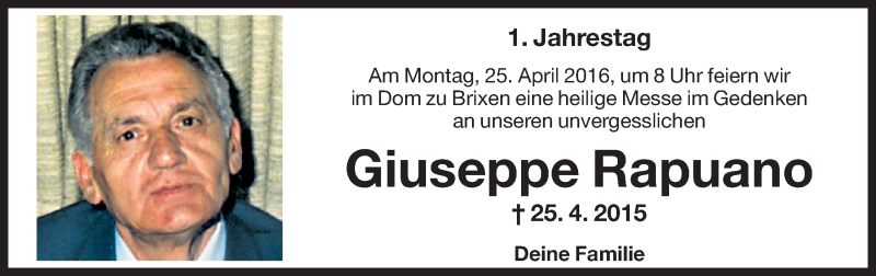  Traueranzeige für Giuseppe Rapuano vom 23.04.2016 aus Dolomiten