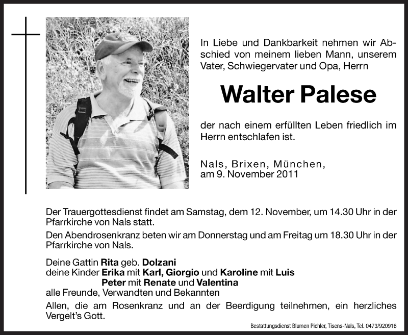  Traueranzeige für Walter Palese vom 10.11.2011 aus Dolomiten