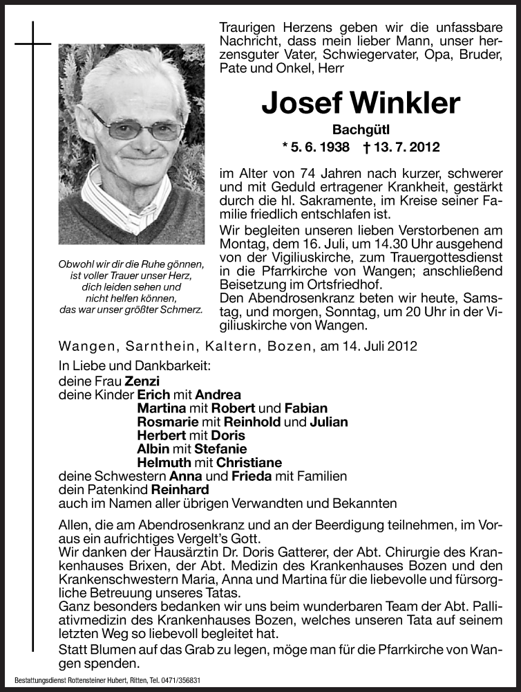  Traueranzeige für Josef Winkler vom 14.07.2012 aus Dolomiten