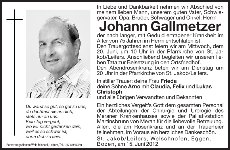  Traueranzeige für Johann Gallmetzer vom 18.06.2012 aus Dolomiten