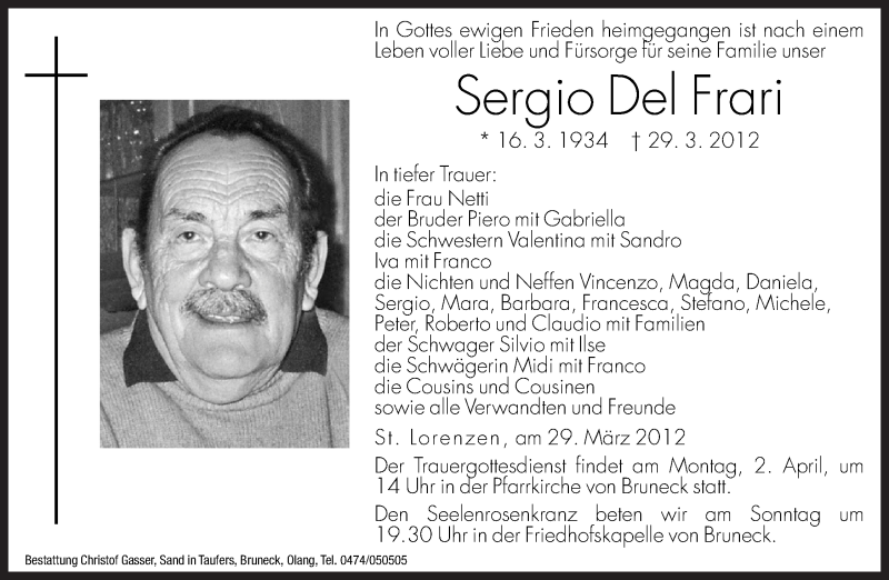  Traueranzeige für Sergio Del Frari vom 31.03.2012 aus Dolomiten