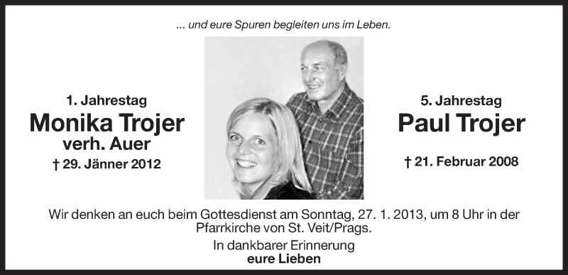  Traueranzeige für Monika und Paul Trojer vom 25.01.2013 aus Dolomiten