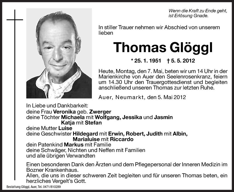  Traueranzeige für Thomas Glöggl vom 07.05.2012 aus Dolomiten