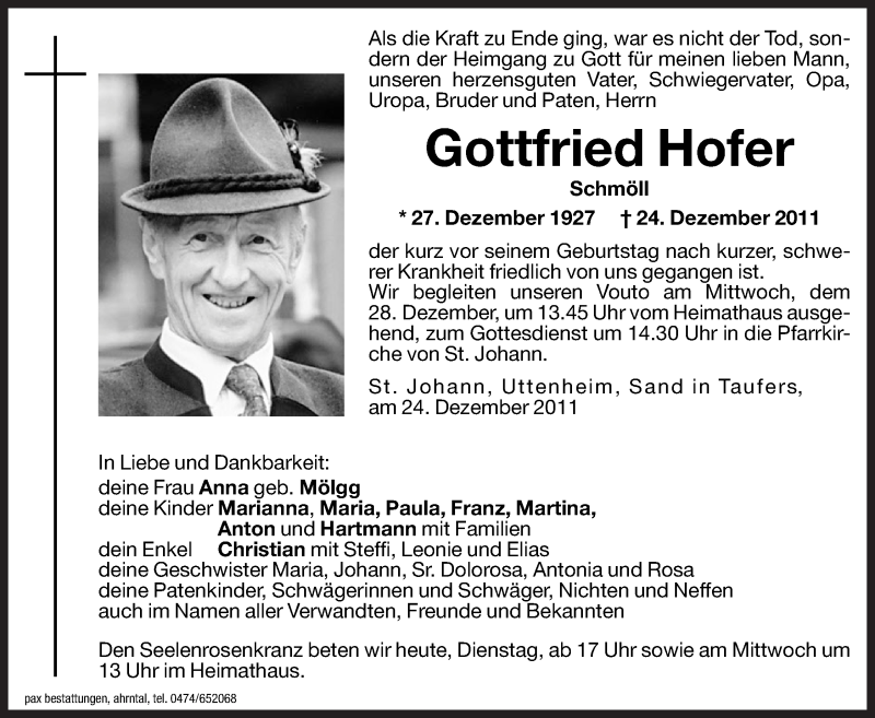  Traueranzeige für Gottfried Hofer vom 27.12.2011 aus Dolomiten