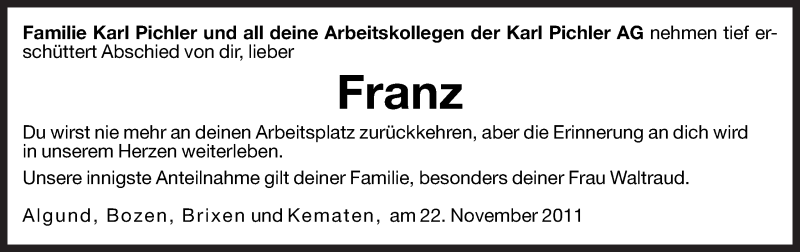  Traueranzeige für Franz  vom 23.11.2011 aus Dolomiten