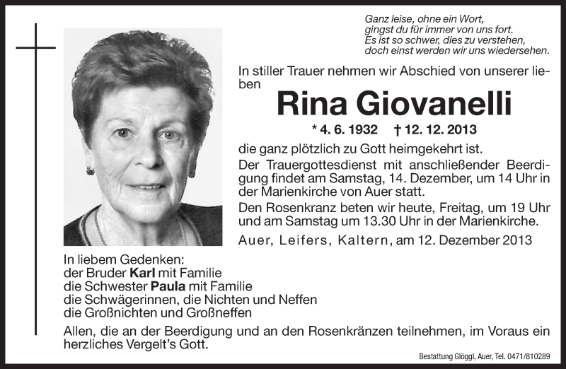  Traueranzeige für Rina Giovanelli vom 13.12.2013 aus Dolomiten