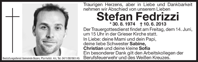  Traueranzeige für Stefan Fedrizzi vom 13.06.2013 aus Dolomiten