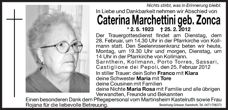  Traueranzeige für Caterina Marchettini vom 27.02.2012 aus Dolomiten