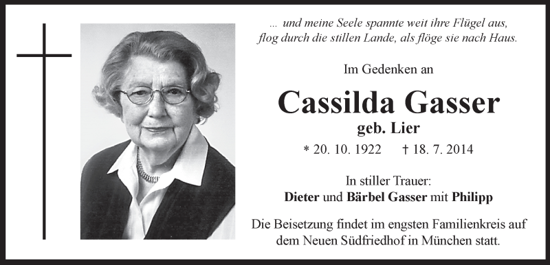  Traueranzeige für Cassilda Gasser vom 25.07.2014 aus Dolomiten