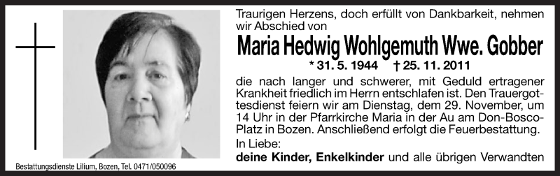  Traueranzeige für Maria Hedwig Gobber vom 28.11.2011 aus Dolomiten