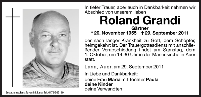  Traueranzeige für Roland Grandi vom 01.10.2011 aus Dolomiten