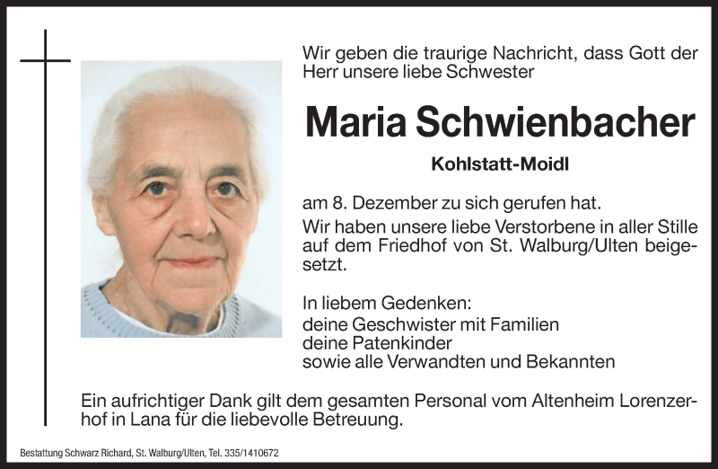  Traueranzeige für Maria Schwienbacher vom 19.12.2013 aus Dolomiten