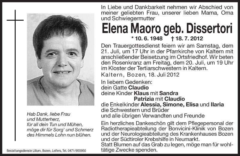  Traueranzeige für Elena Maoro vom 20.07.2012 aus Dolomiten